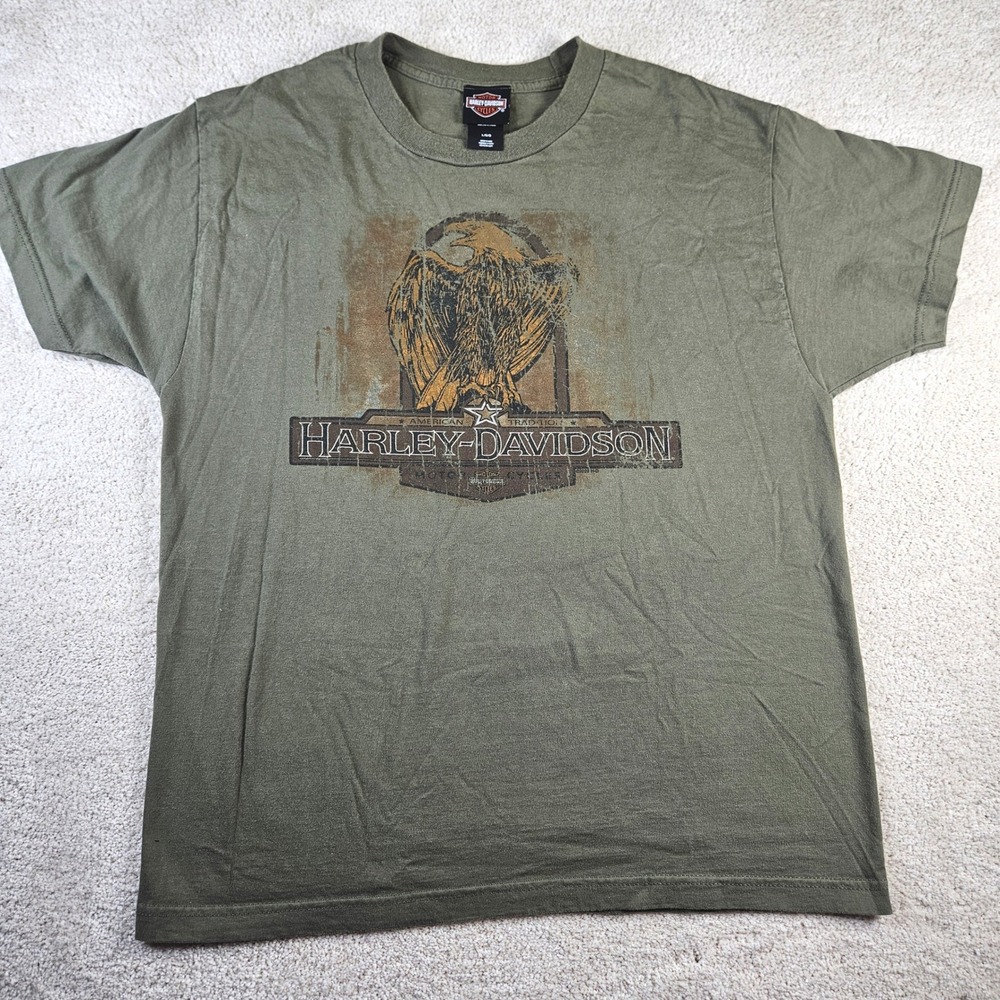 Harley‎ Davidson Classic T-Shirt Men's L Olive Green Eagle Zion Washington Utah